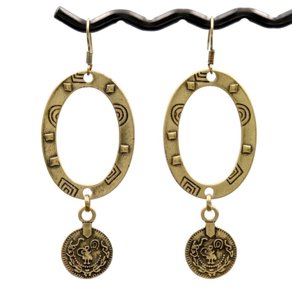 Antique Brass Oval Medallion Drop Earrings - Picture 3 of 4